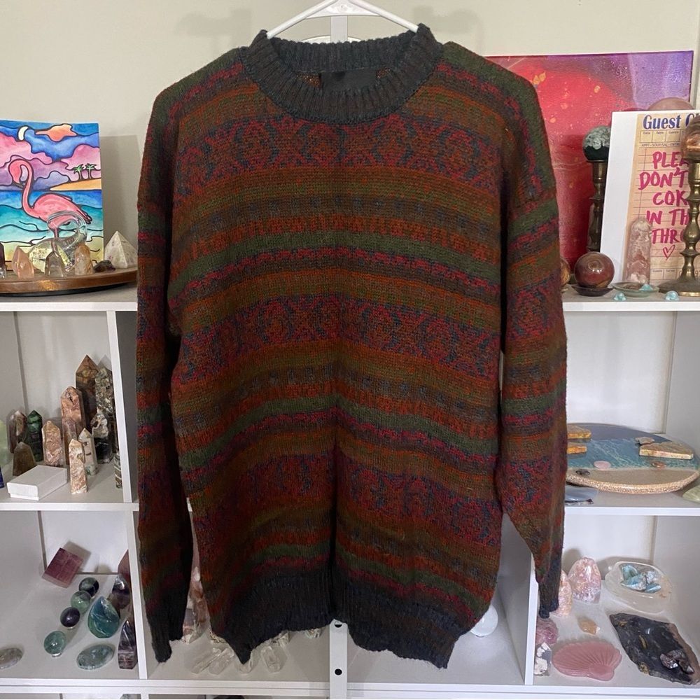 Vintage Multicolor Crewneck Sweater - Green, Brown, Red, Black